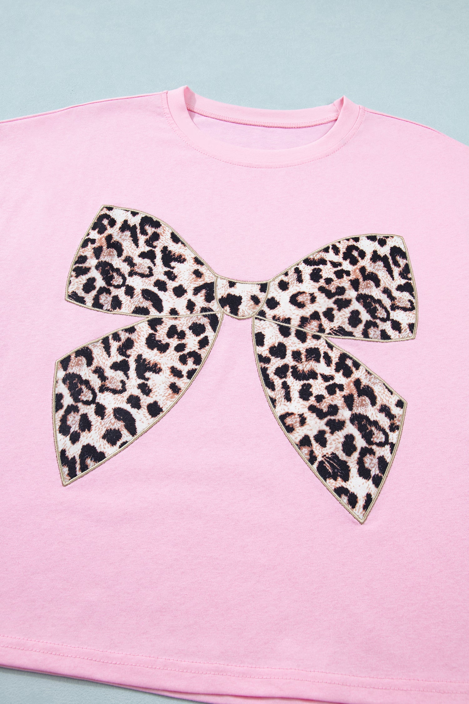 Leopard Bow Embroidered Short Sleeve T-Shirt
