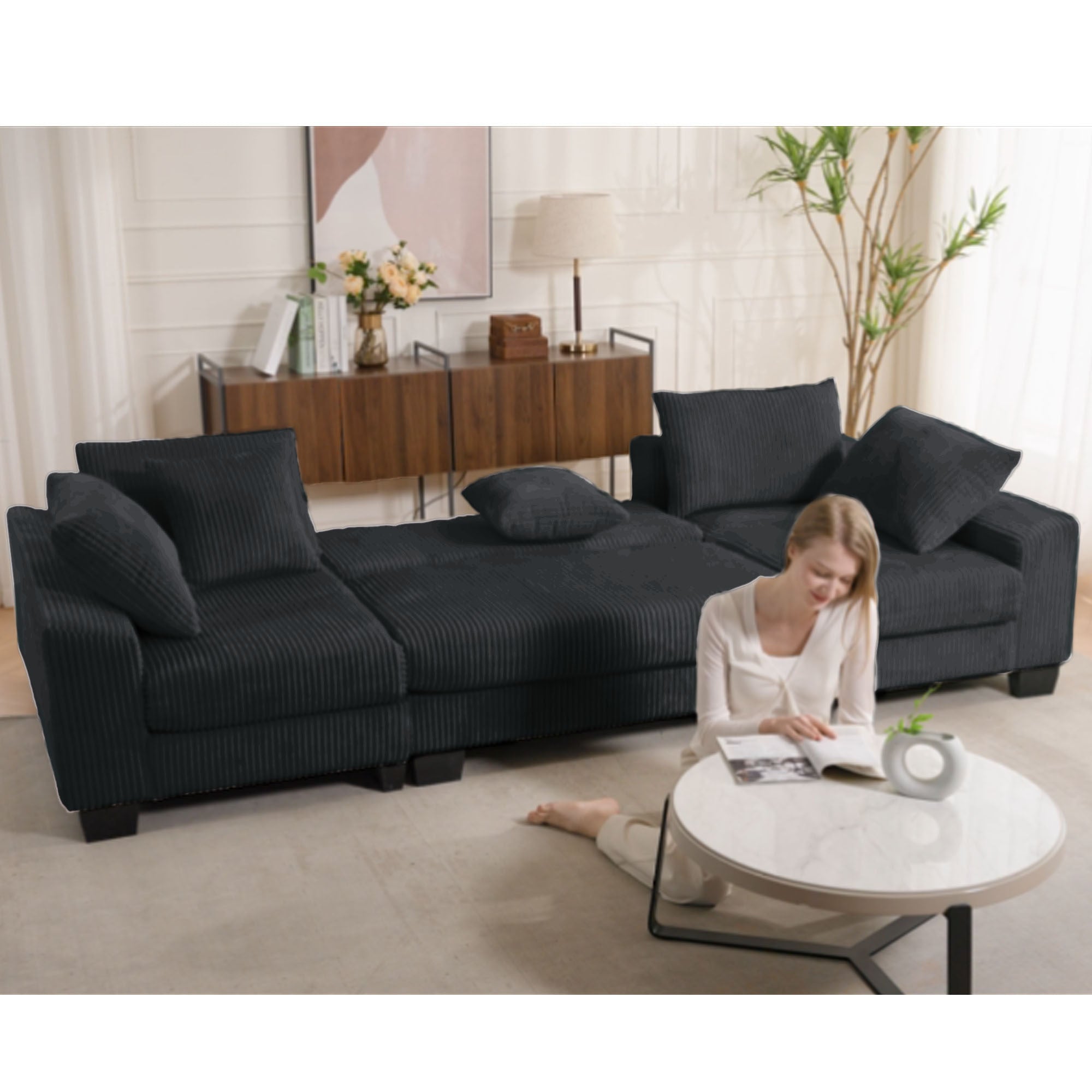 [NEW ARRIVED] [VIDEO PROVIDED]   114' Sleeper Sofa,U Shaped Sofa , Pull Out Bed,Convertible Oversize 2 in 1 Sleeper Sofa, Living Room,Upholstery Sofa Bed,Adjustable Sleeper Sofa,Corduroy,Black