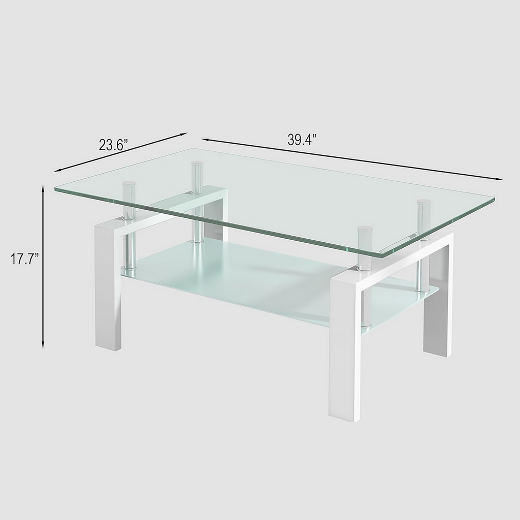 Luxury Modern Tempered Clear Glass Coffee Table with 2-Layers and Solid MDF Frame for Living Room