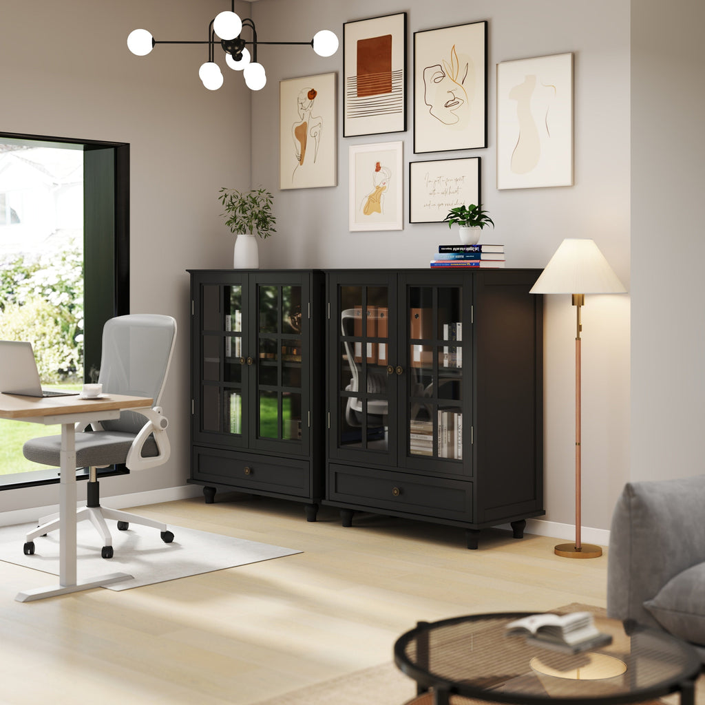 Minimalist Buffet Cabinet with Double Glass Doors and Drawer, Modern Wooden Storage Sideboard in Black