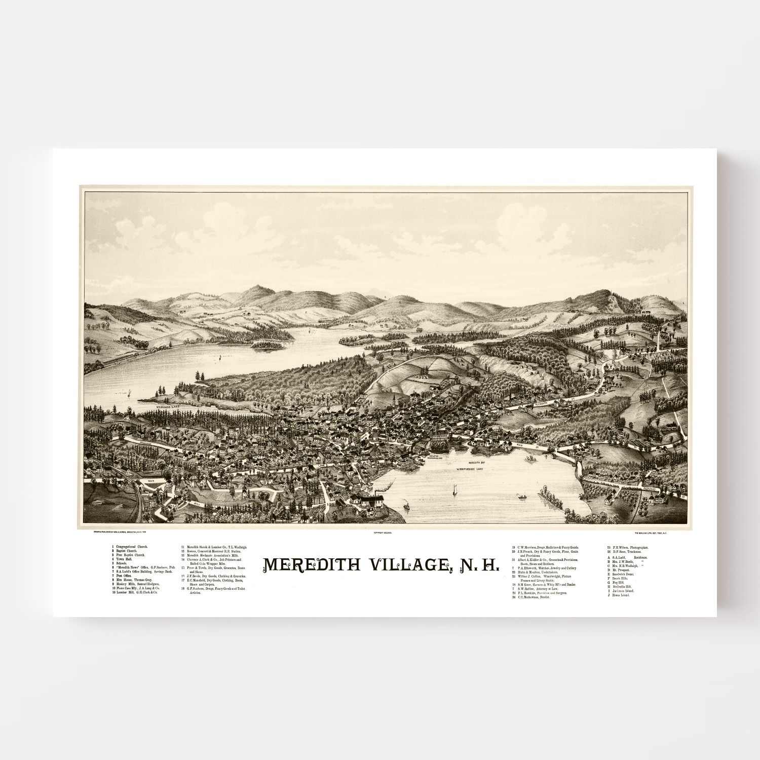 Vintage Map of Meredith Village, New Hampshire 1889