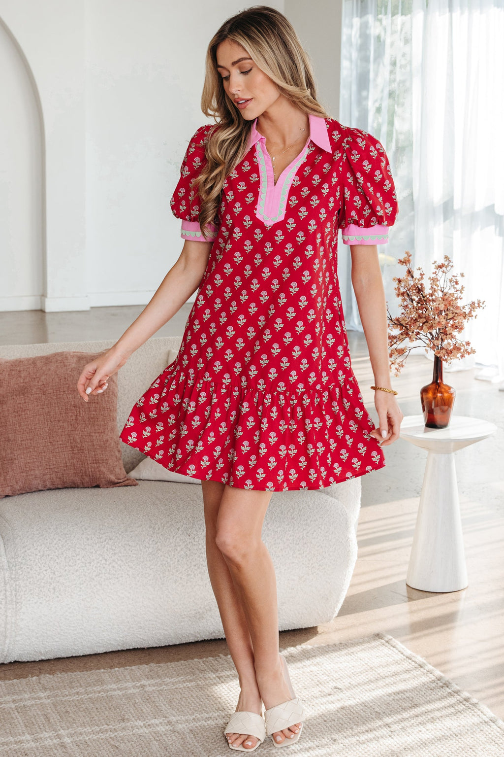 Floral V-Neck Short Bubble Sleeve Mini Dress