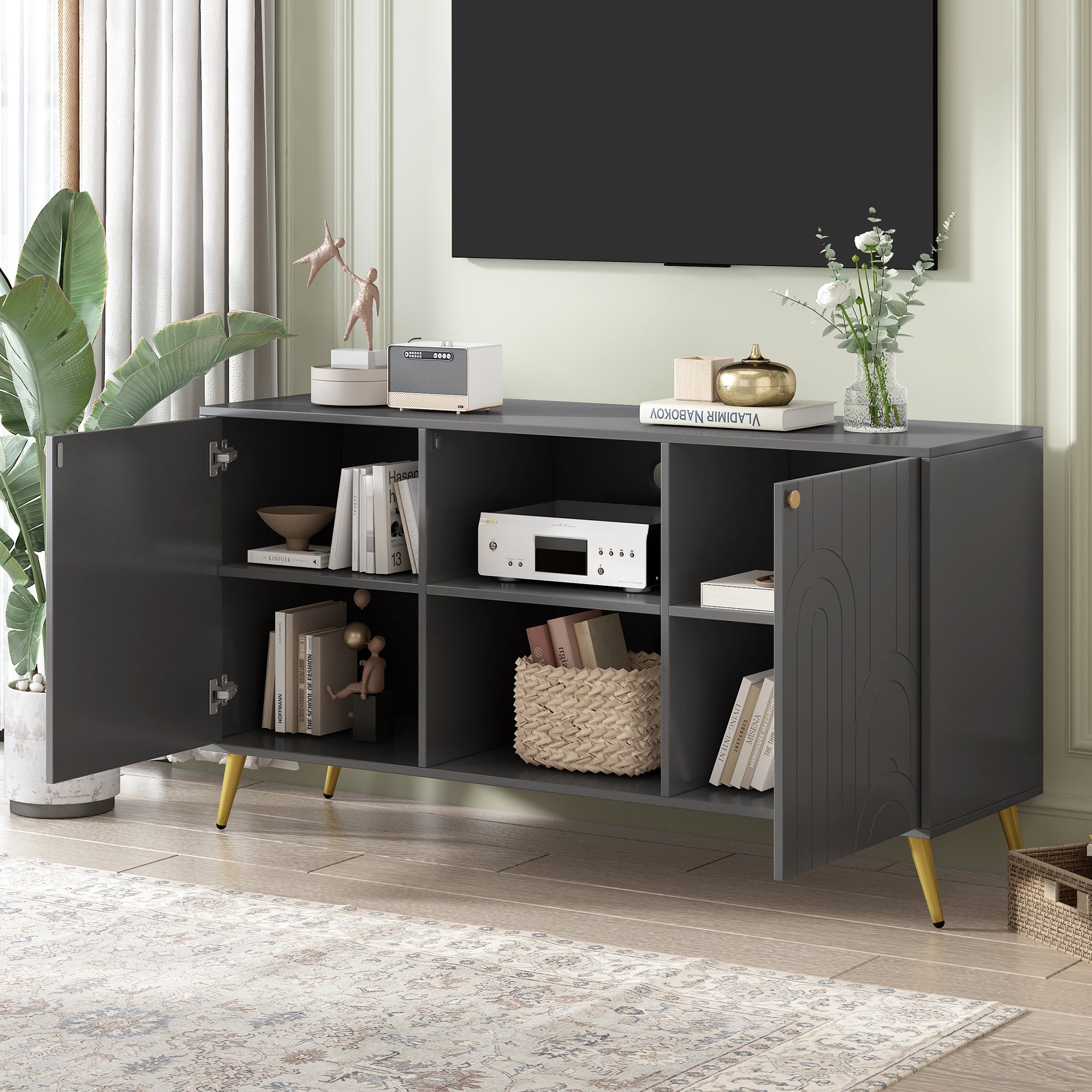 U-Can Modern TV Stand for TVs up to 55 Inches, Entertainment Center Media Console,Adjustable Shelf, Metal Legs, Handles and Anti-tip Device for Living room