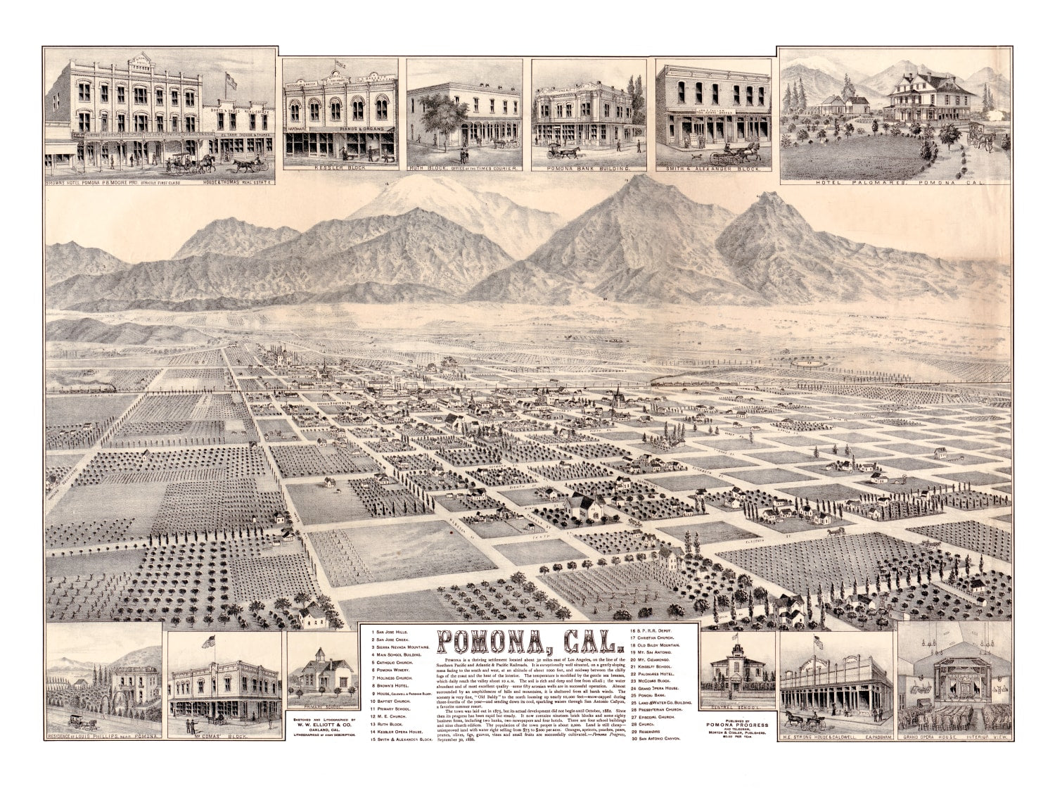 Vintage Map of Pomona, California 1886