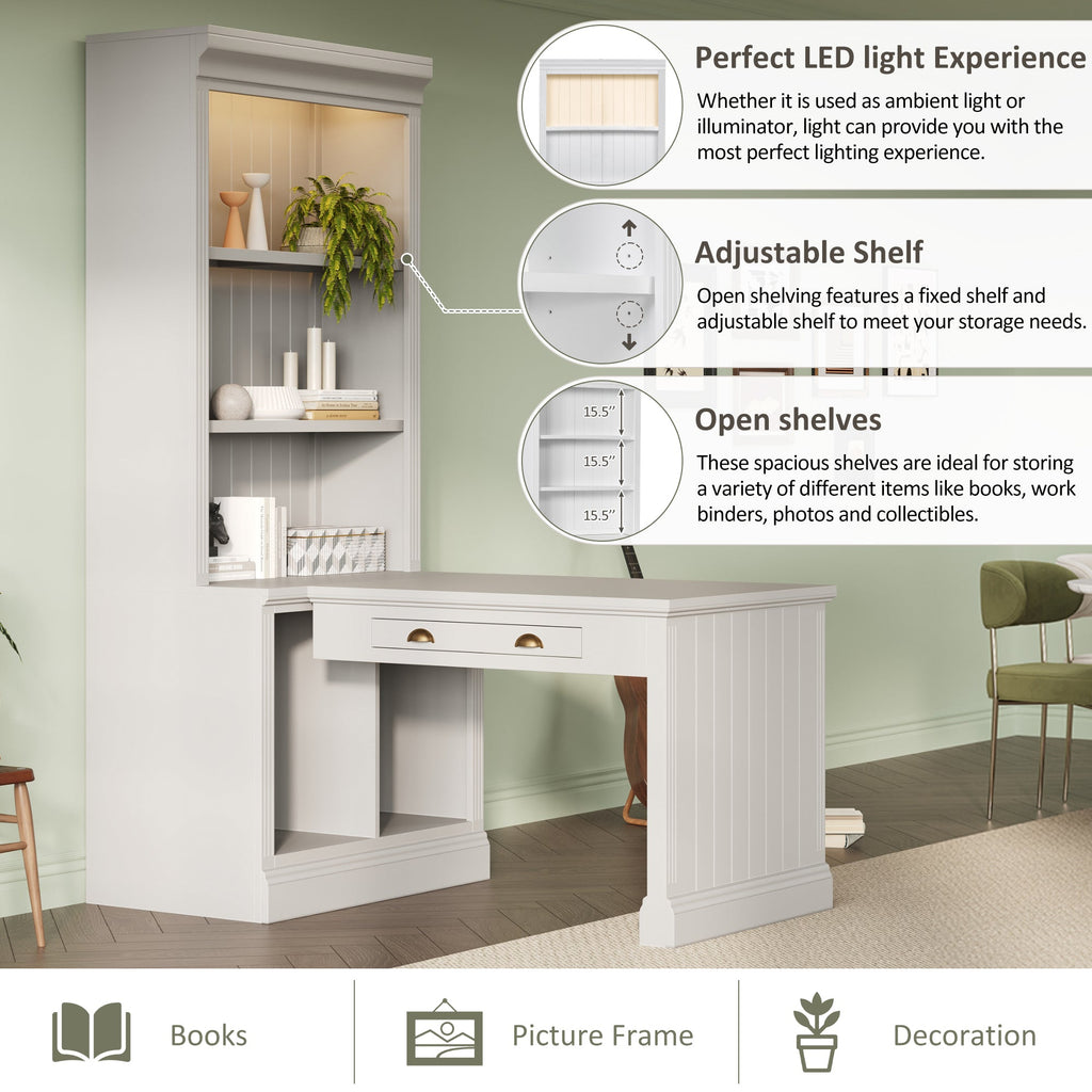 83.4'Tall Bookshelf with Writing Desk, Modern Bookcase with Study Desk, Workstation with Storage Shelf,Storage Bookcase with Open Shelves and LED Lighting for Living Room,Home Office,White