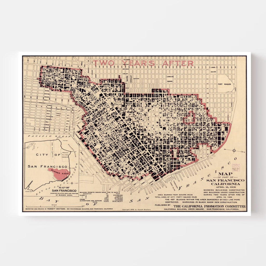 Vintage Map of San Francisco, California 1908