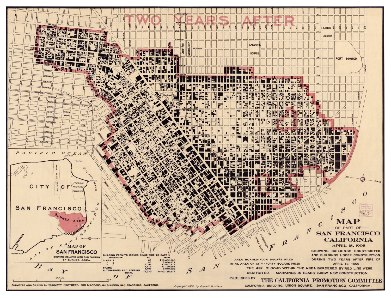 Vintage Map of San Francisco, California 1908