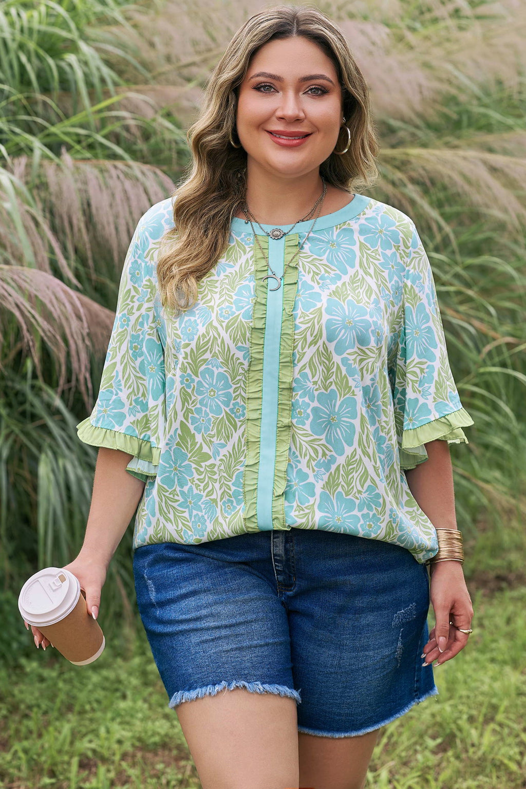 Plus Size Floral Frilled Colorblock Trim Blouse