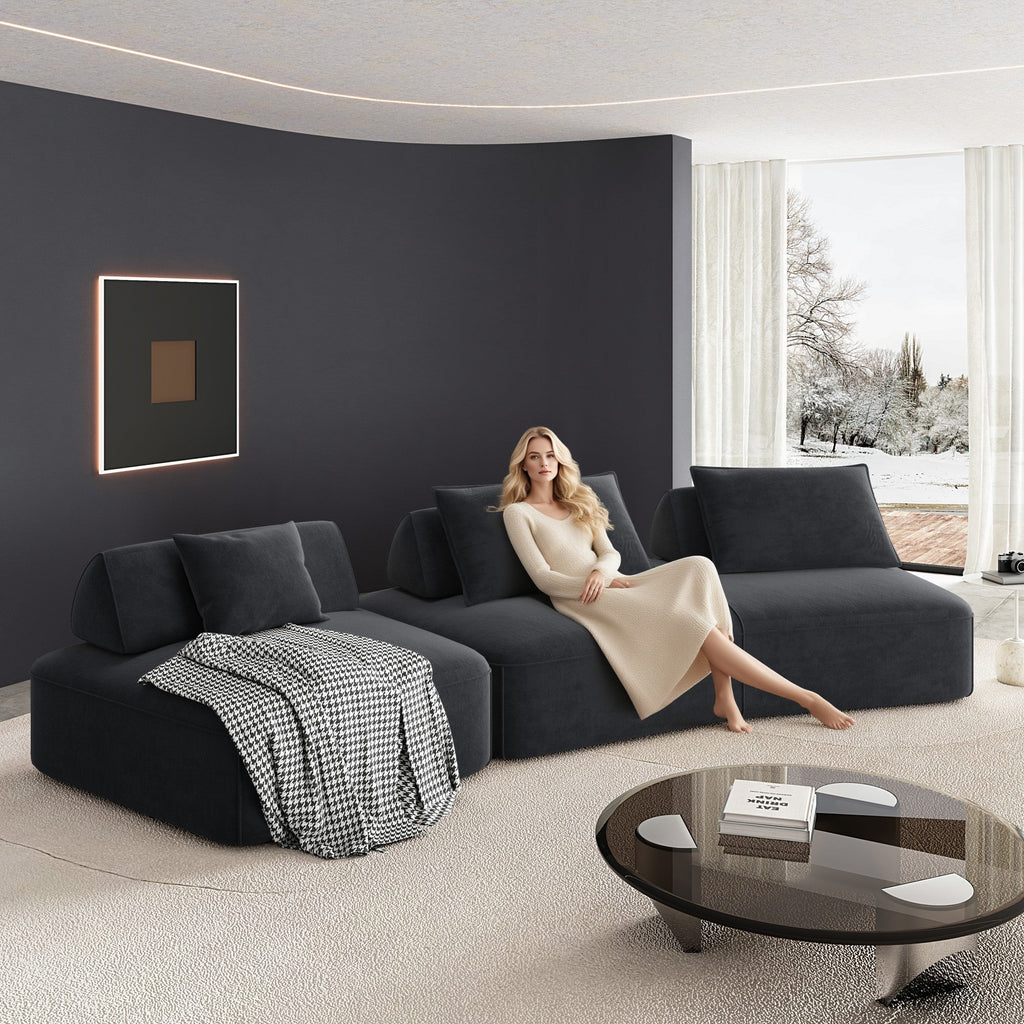 139' Modern Light Luxury Oversized Modular Sectional Sofa Set,DIY Upholstered Fluffy Chenille Sofa with Removable Backrests and Soft Pillows,Deep Seat Couch & Sofa Bed for Living Room,Office,Dark Grey