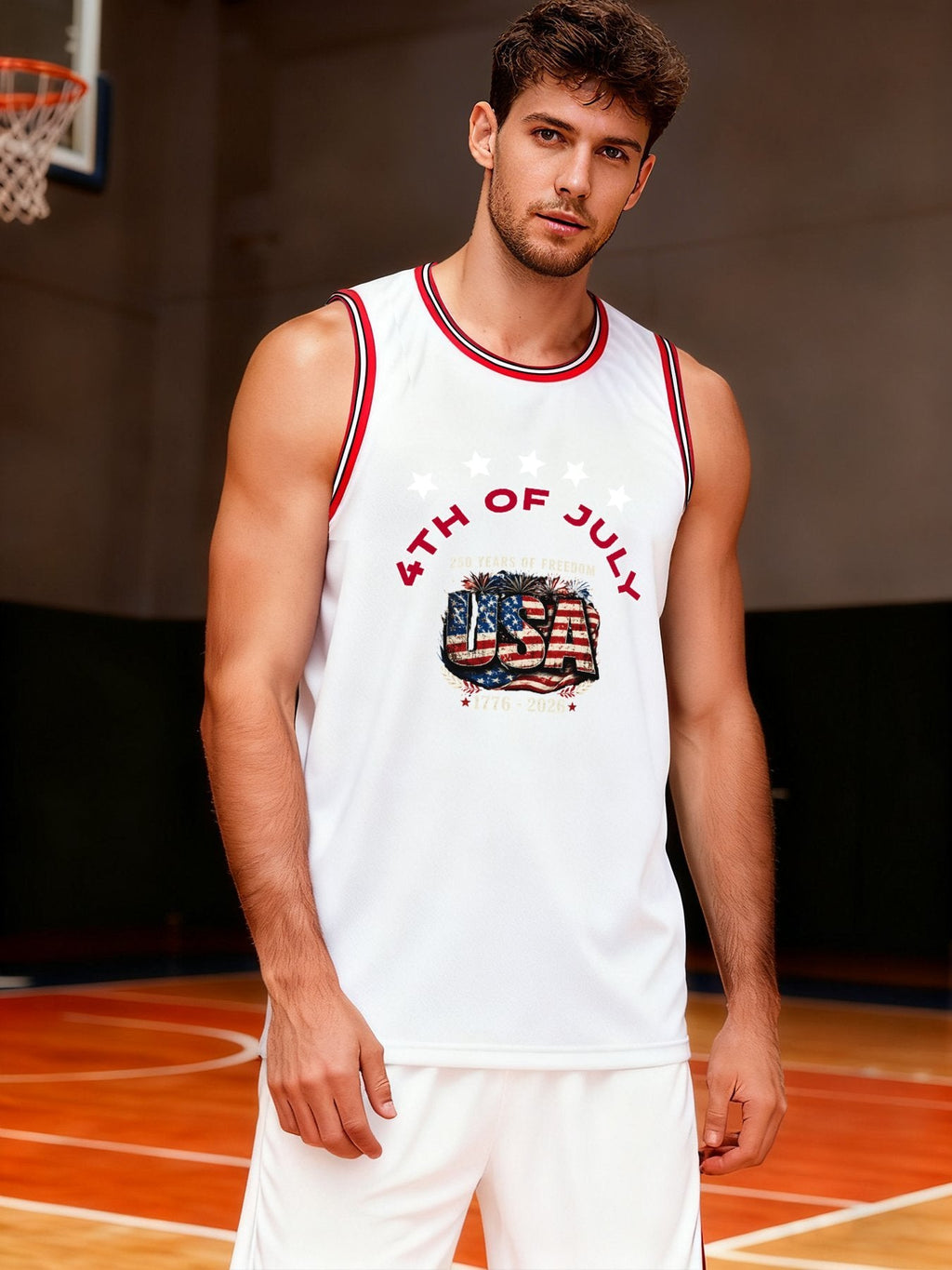 4th of July Adult White with Red Trim Basketball Uniform Top | Ships From USA