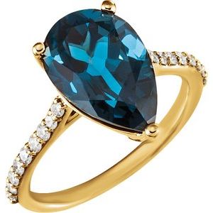 14K Yellow Gold Natural London Blue Topaz & 1/4 CTW Natural Diamond Ring