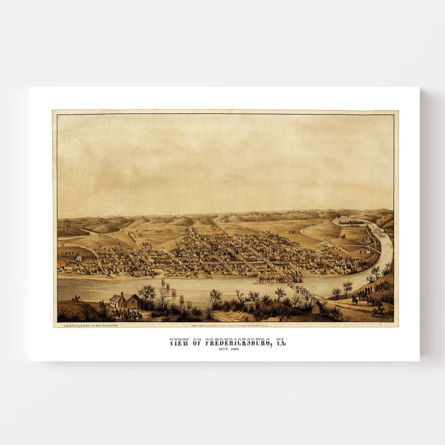 Vintage Map of Fredericksburg, Virginia 1862