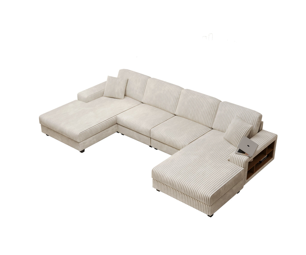 Convertible U-shaped Combination Sofa, Corduroy Fabric, Modern Comfortable Large Size 4 Seat Sofa, Living Room Double Lounge Chair,Beige