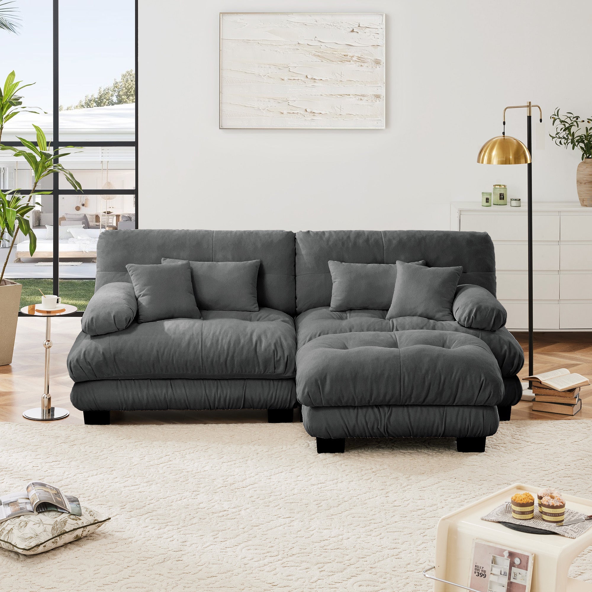 Cloud Couch Sectional Sofa for Living Room, Chenille 2 Seater Sofa with 2 Lumbar pillows and 2 throw pillows , Upholstered Wide Arm Sofa with Convertible Ottoman,Chenille Gray