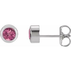 Rhodium-Plated Sterling Silver Natural Pink Tourmaline Bezel-Set Earrings