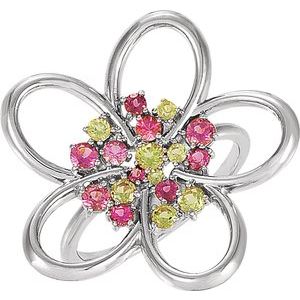 14K White Gold Peridot & Natural Pink Tourmaline Floral Ring