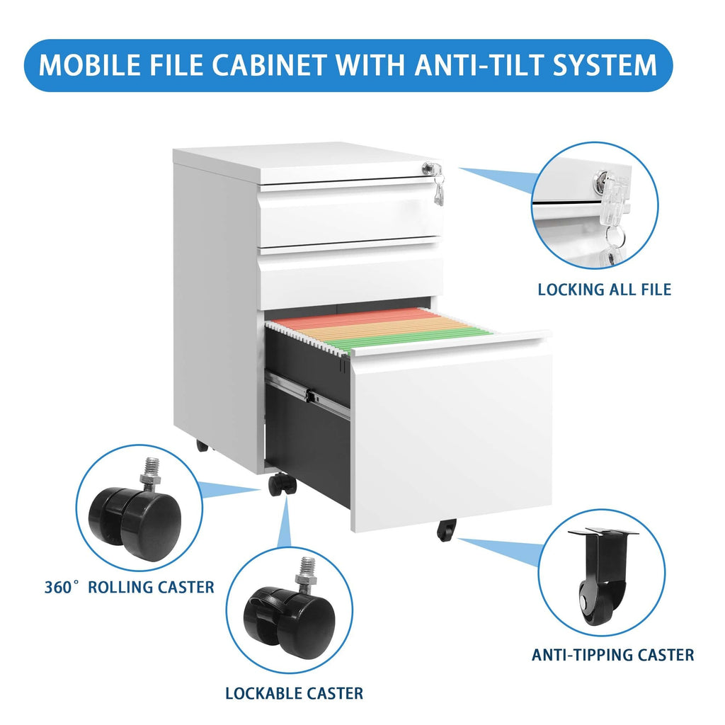 White Mobile 3-Drawer File Cabinet with Lock, Metal Organizer for Home Office, Fully Assembled