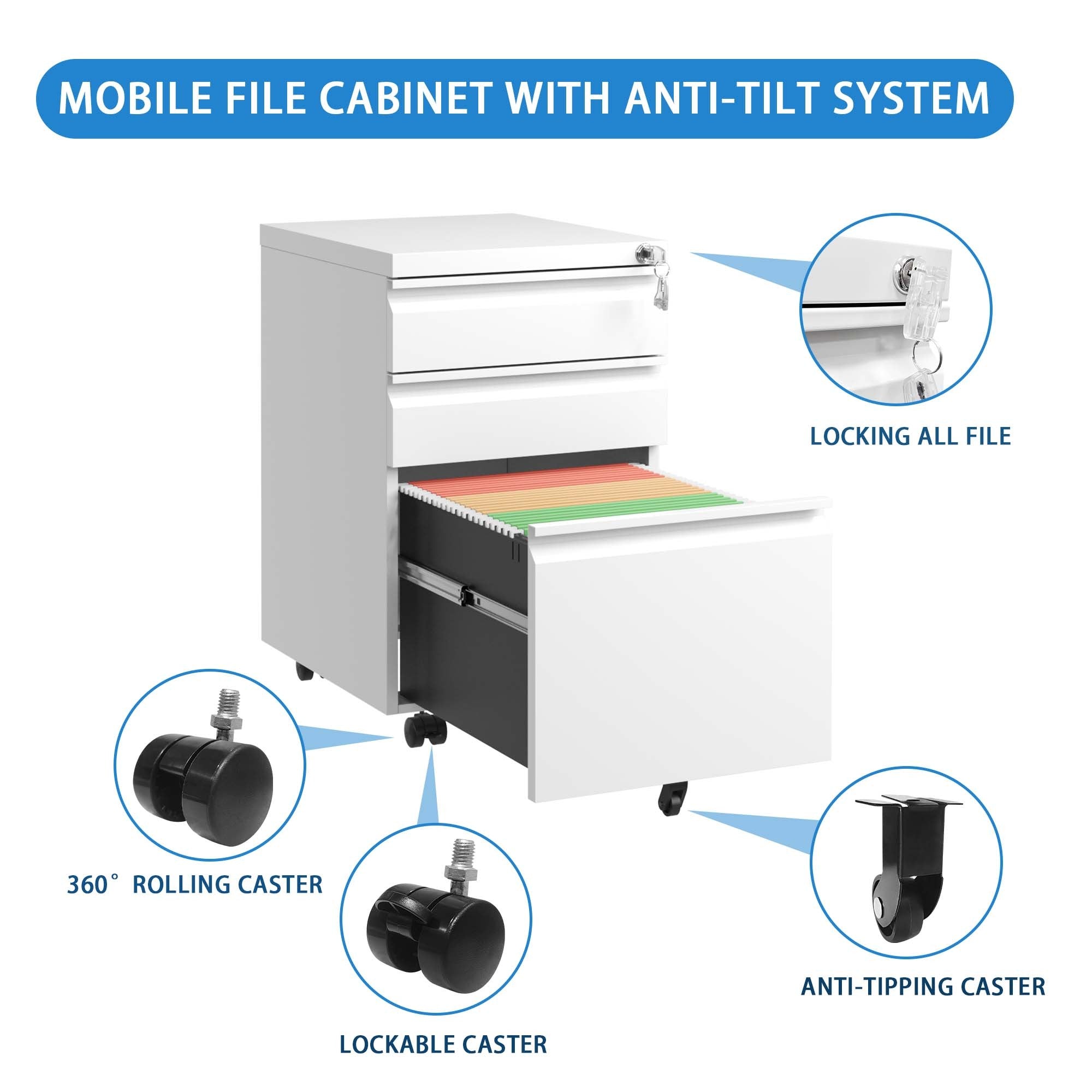 White Mobile 3-Drawer File Cabinet with Lock, Metal Organizer for Home Office, Fully Assembled