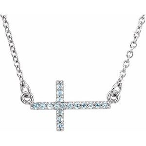 14K White Gold Natural Aquamarine Sideways Cross 16-18" Necklace