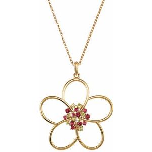 14K Yellow Gold Natural Peridot & Natural Pink Tourmaline Floral 18" Necklace