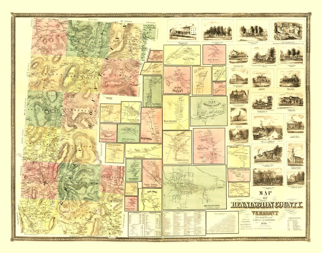 Vintage Map of Bennington County, Vermont 1856