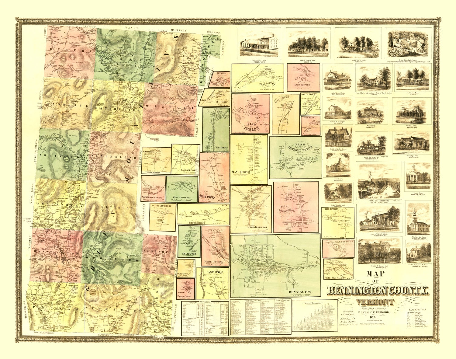Vintage Map of Bennington County, Vermont 1856