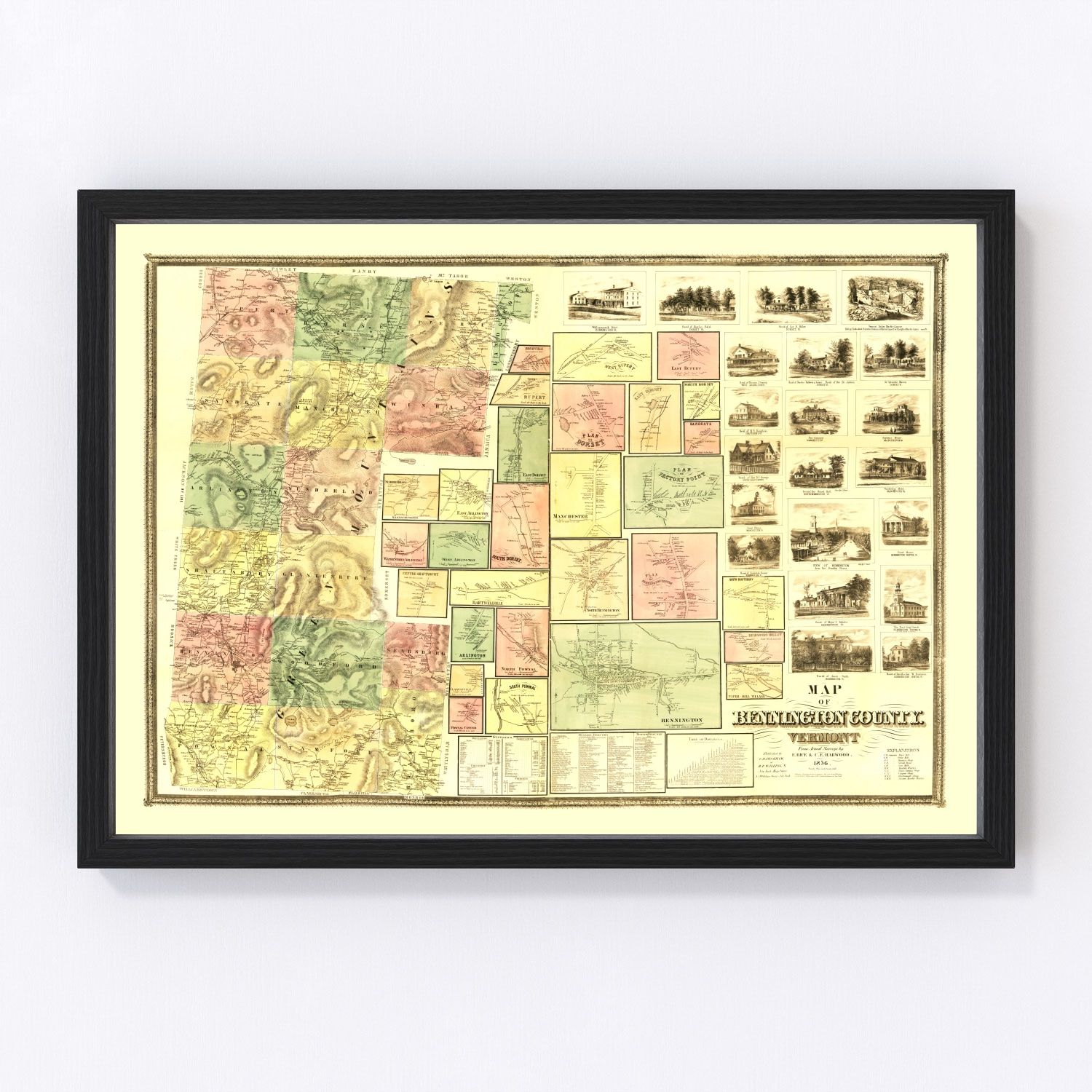 Vintage Map of Bennington County, Vermont 1856