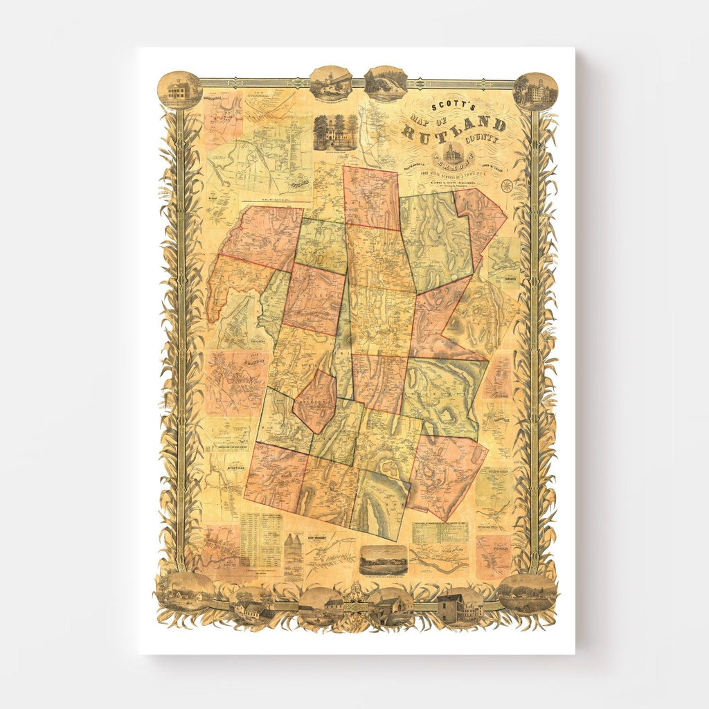 Vintage Map of Rutland County, Vermont 1854