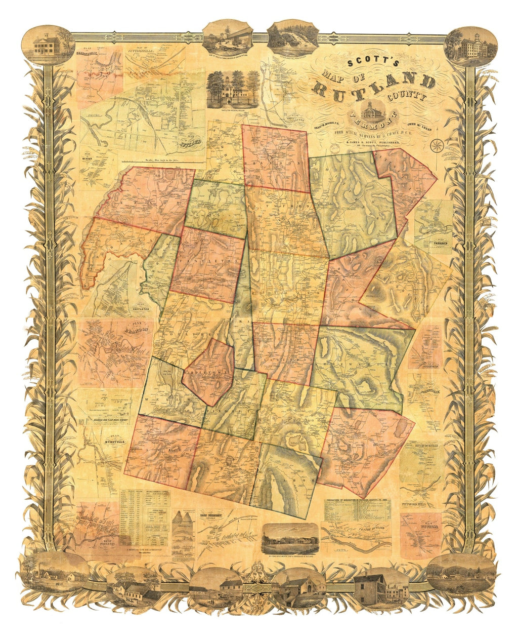 Vintage Map of Rutland County, Vermont 1854