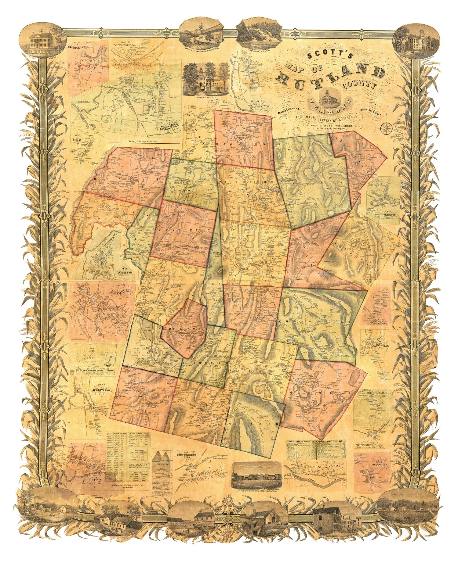 Vintage Map of Rutland County, Vermont 1854