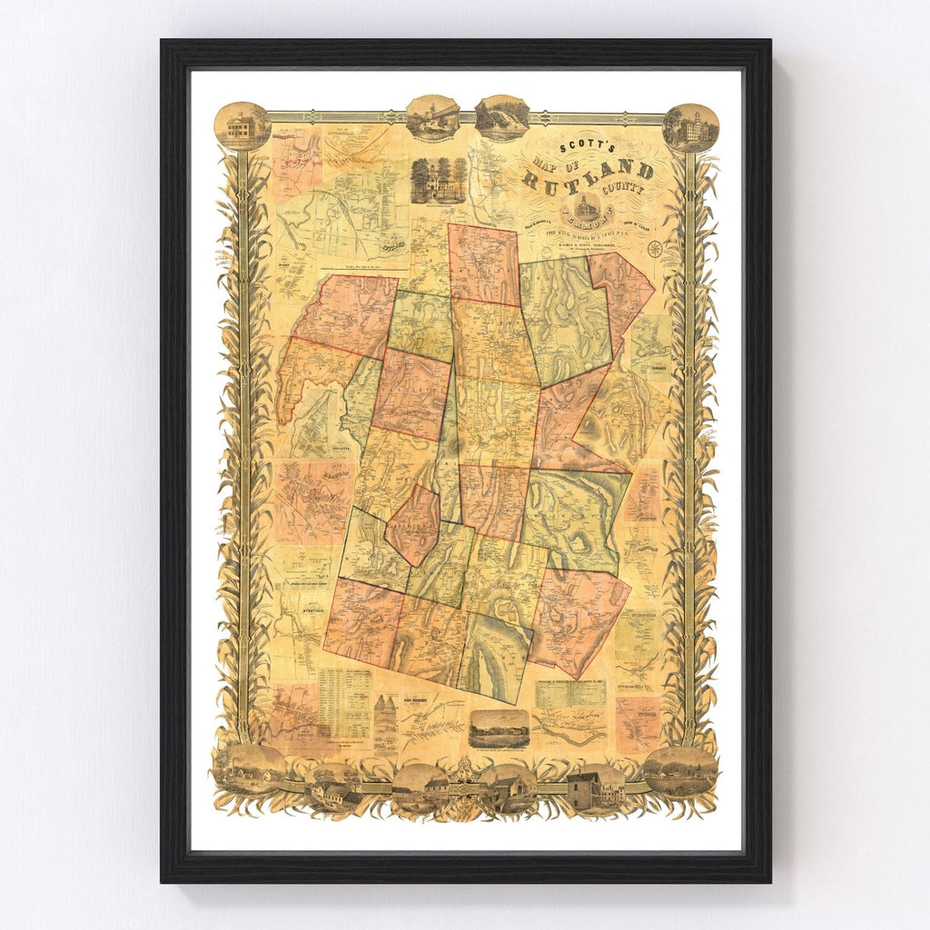 Vintage Map of Rutland County, Vermont 1854