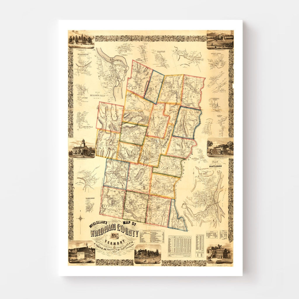 Vintage Map of Windham County, Vermont 1856