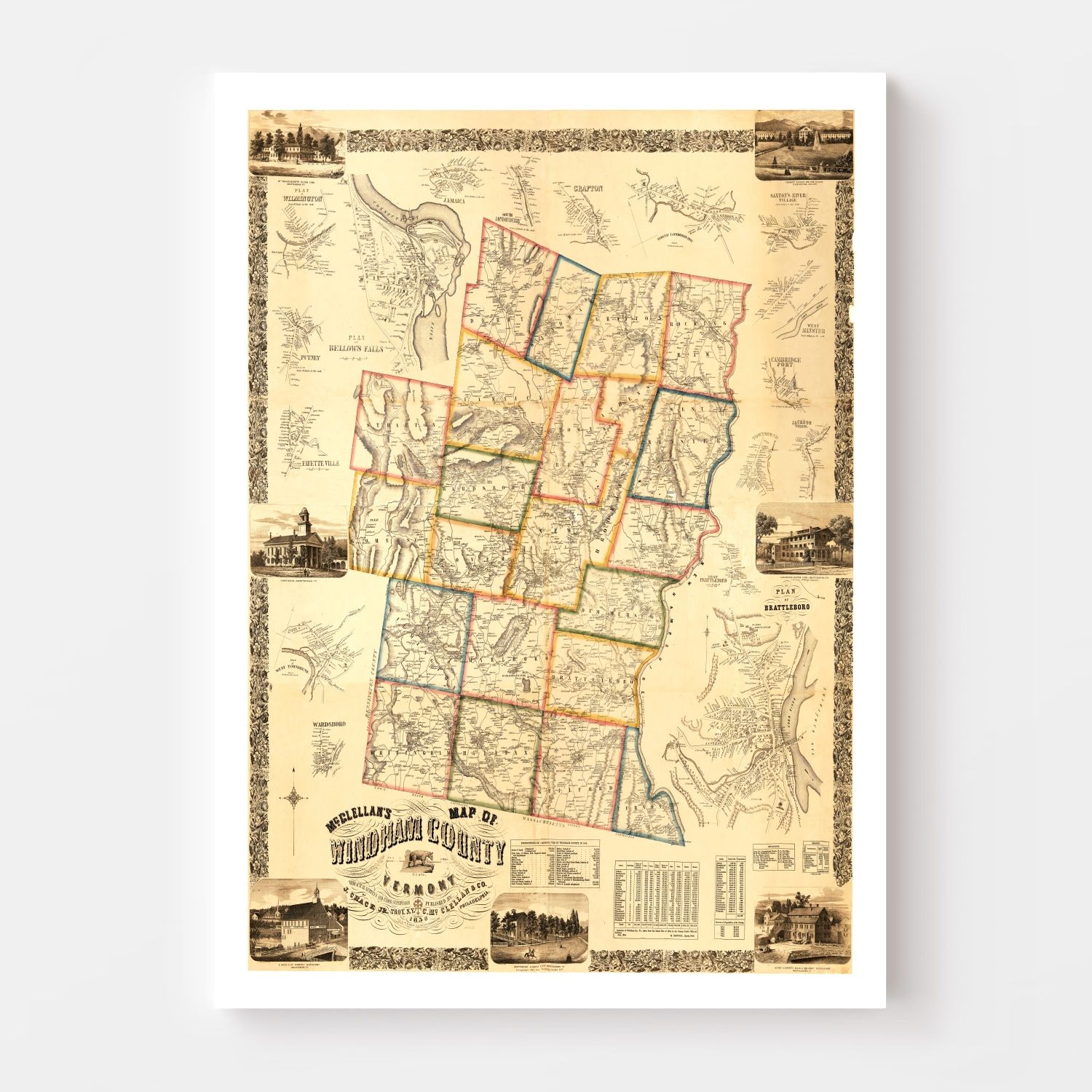Vintage Map of Windham County, Vermont 1856