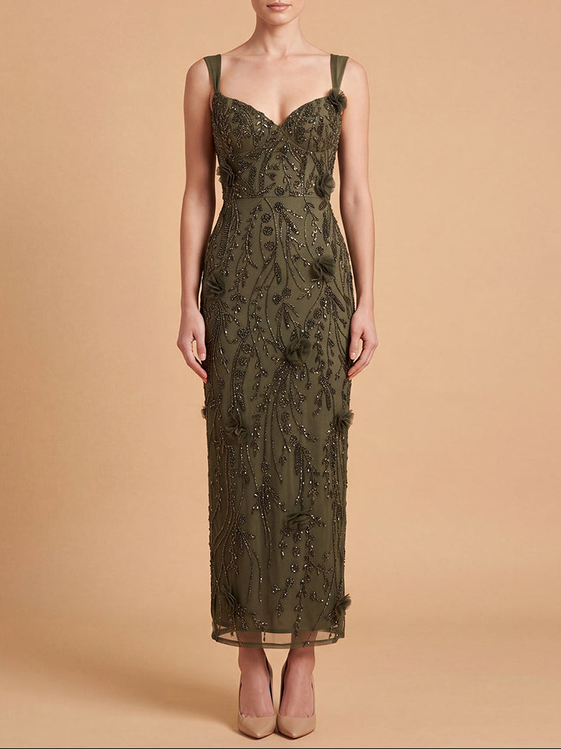 Lara Beaded Midi Dress with 3-D Florals | 28830