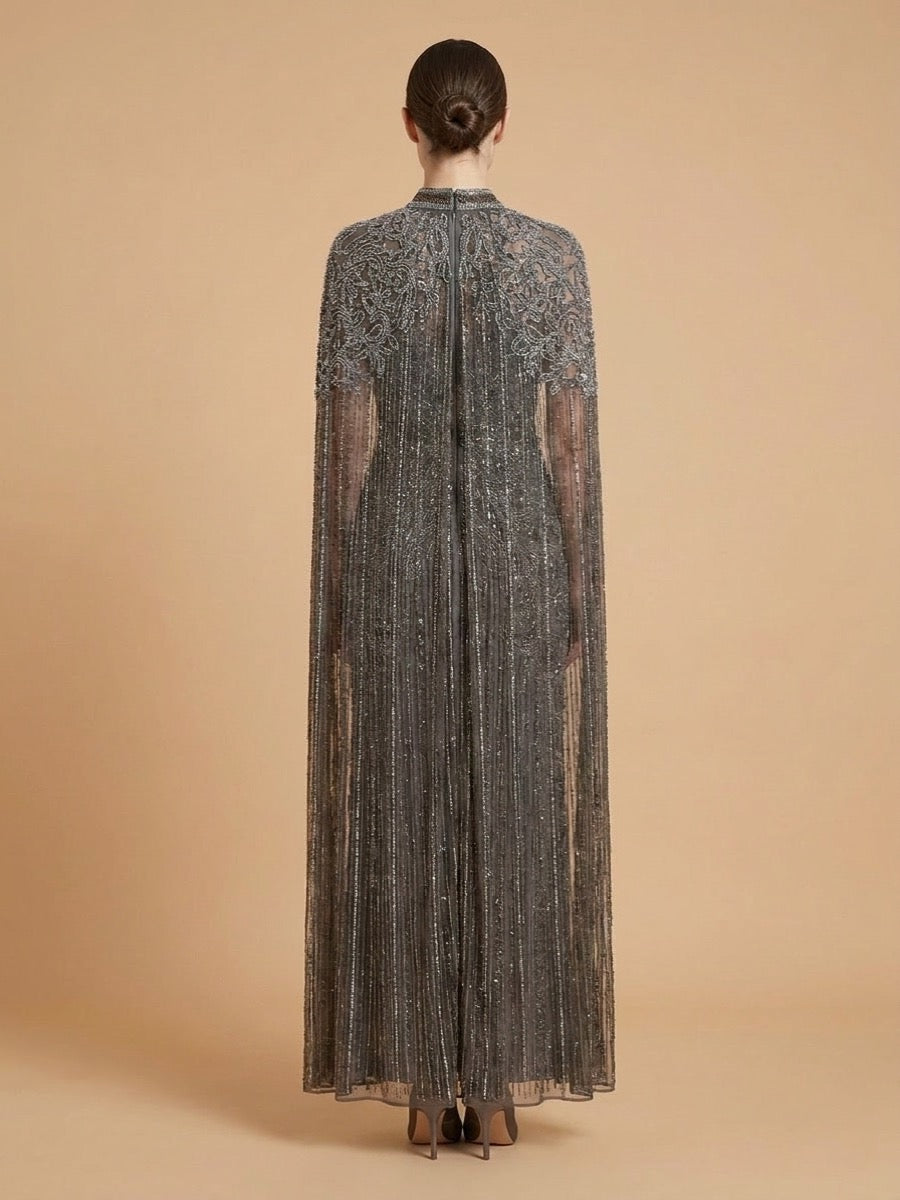 High Neck Beaded Dress with Long Cape |  28834