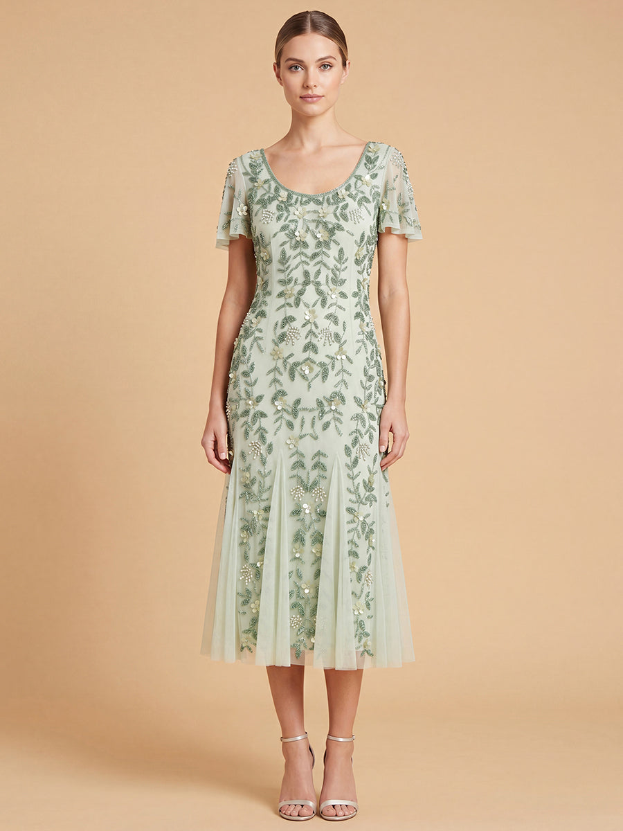 3D Floral Embellished Midi Dress with Cape Sleeves | 28853