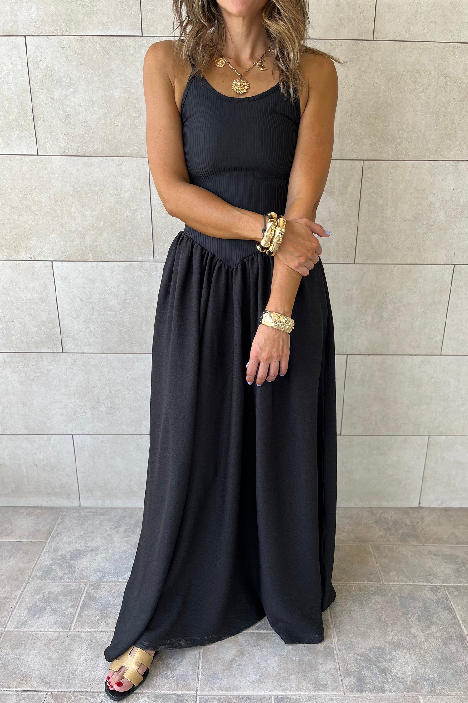Solid Ribbed Patchwork Drop Waist Maxi Dress