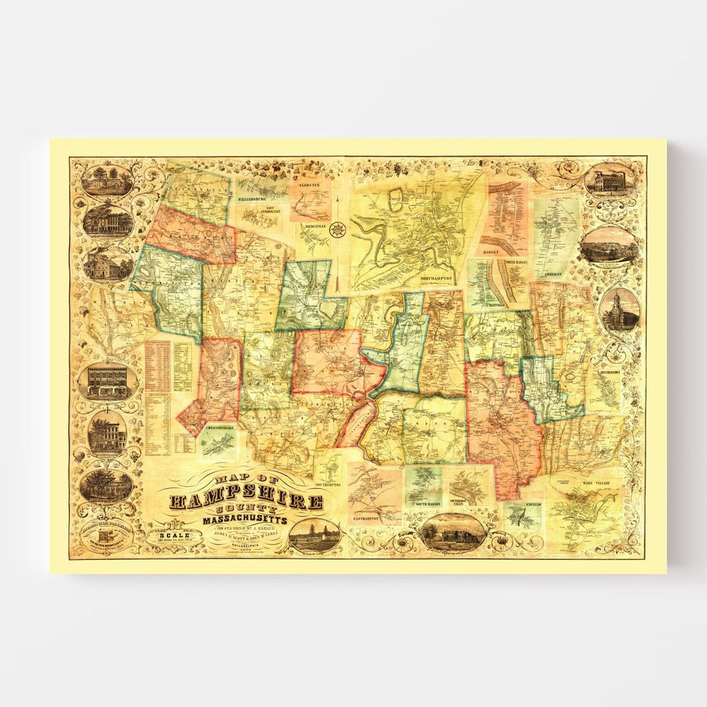 Vintage Map of Hampshire County, Massachusetts 1854