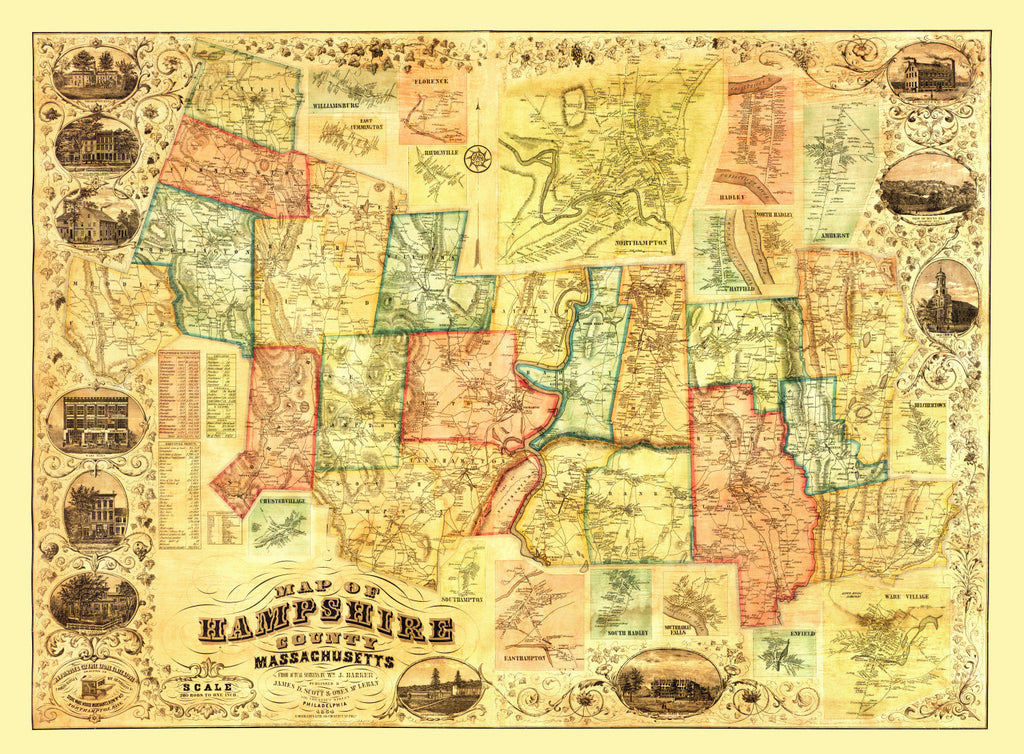 Vintage Map of Hampshire County, Massachusetts 1854