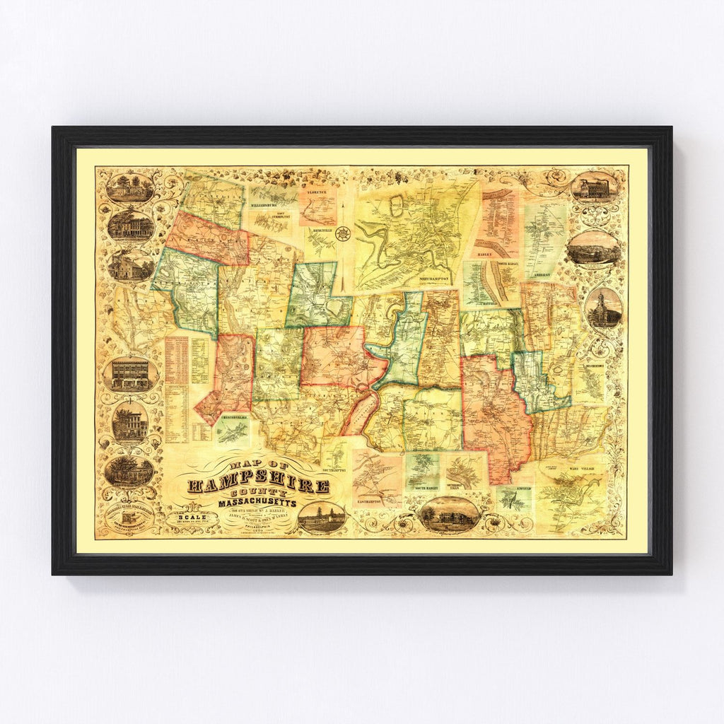 Vintage Map of Hampshire County, Massachusetts 1854