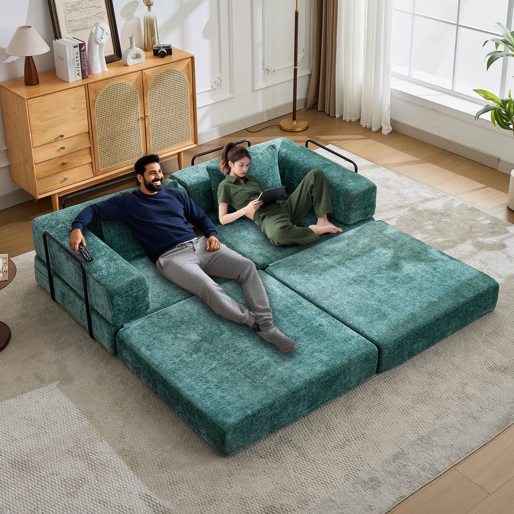 Compression Sofa,Convertible Floor Sofa Bed with Fixed-Shape Frame, Loveseats Boneless Modular Sectional Sofa,No Assembly Required,Chenille fabric,for Living Room Bedroom,Dark Green