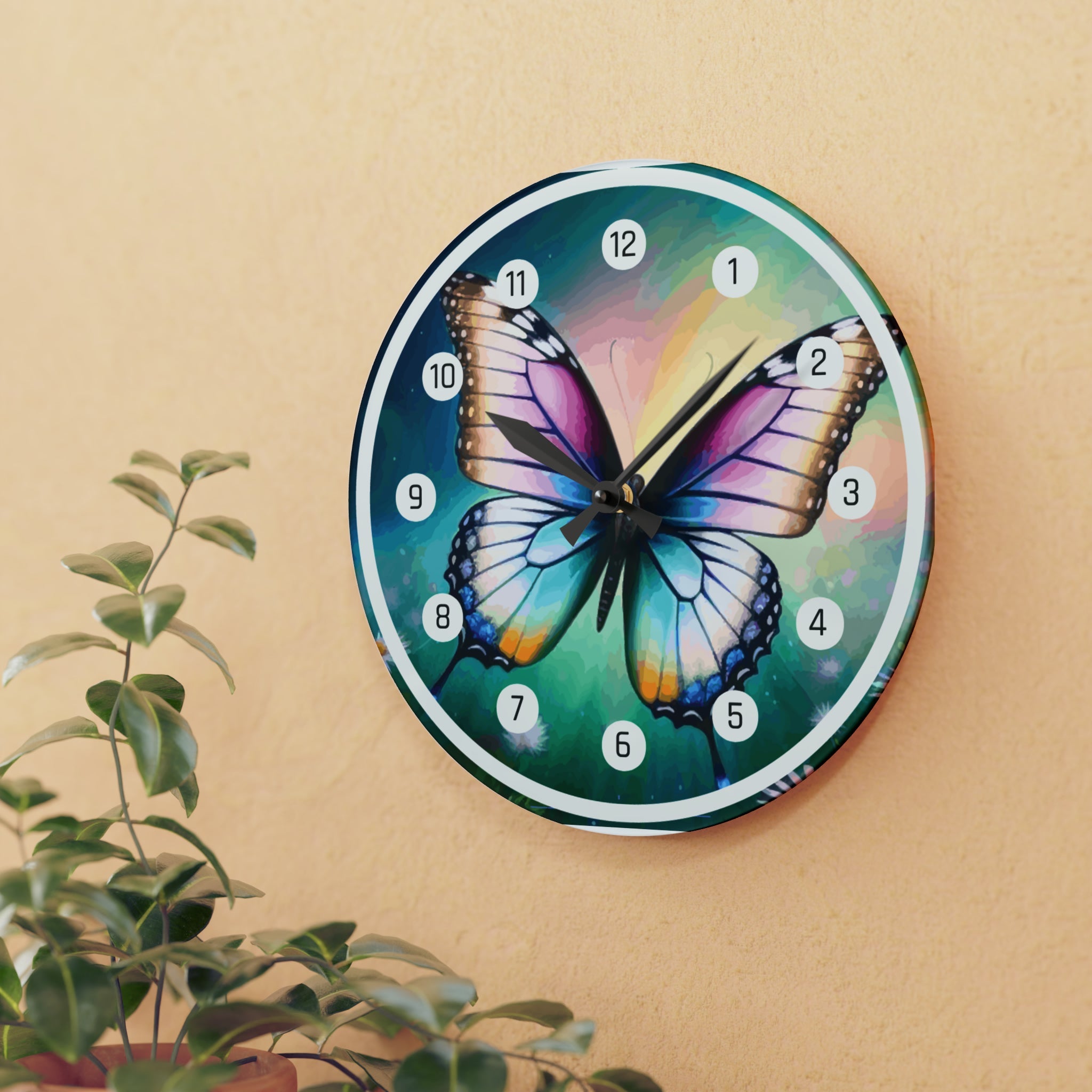 Beautiful Butterfly and Daisies Acrylic Wall Clock