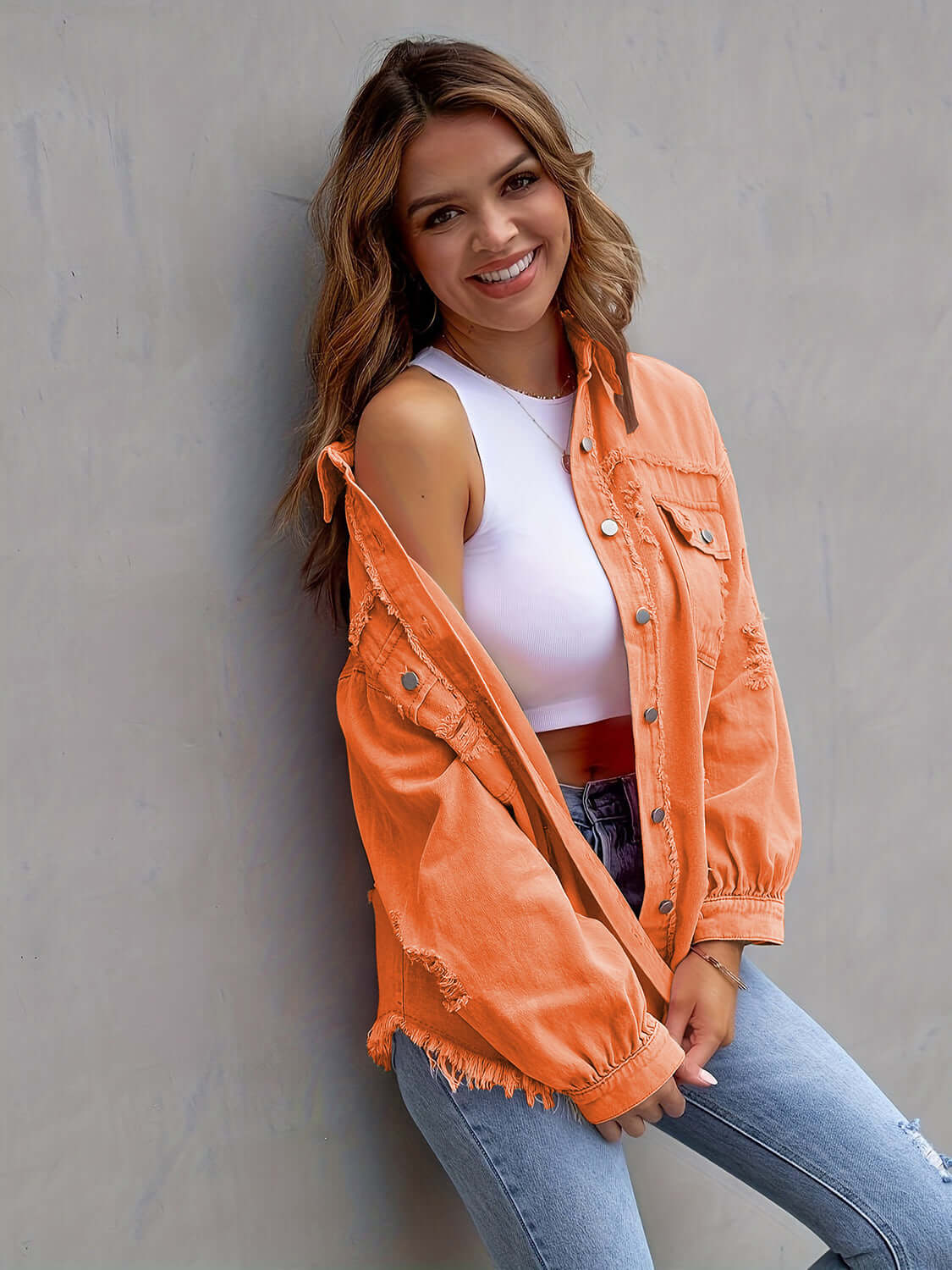 Distressed Drop Shoulder Fringe Denim Jacket Cotton Blend