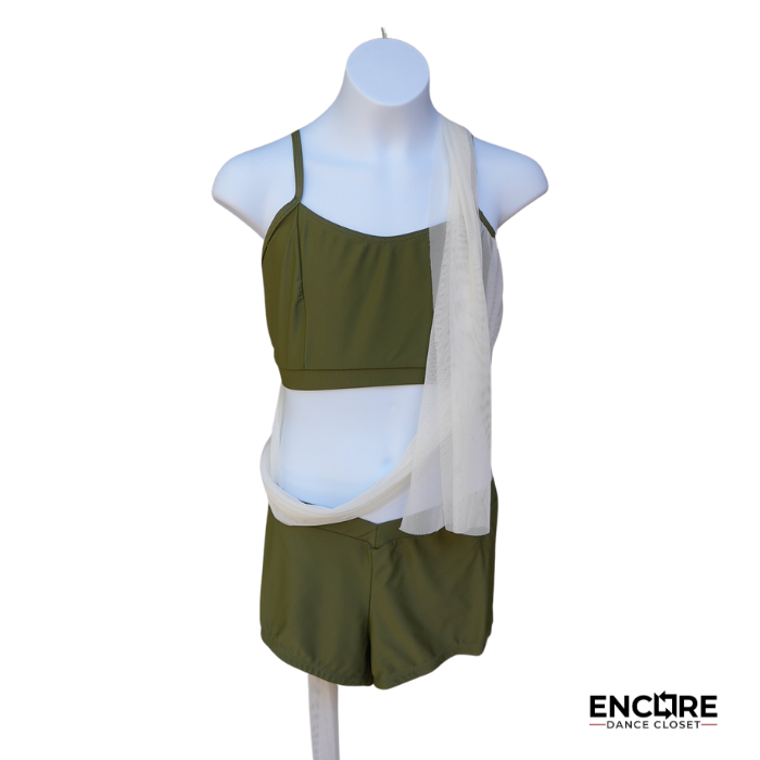 Olive Green Set with Flowing Mesh Panels