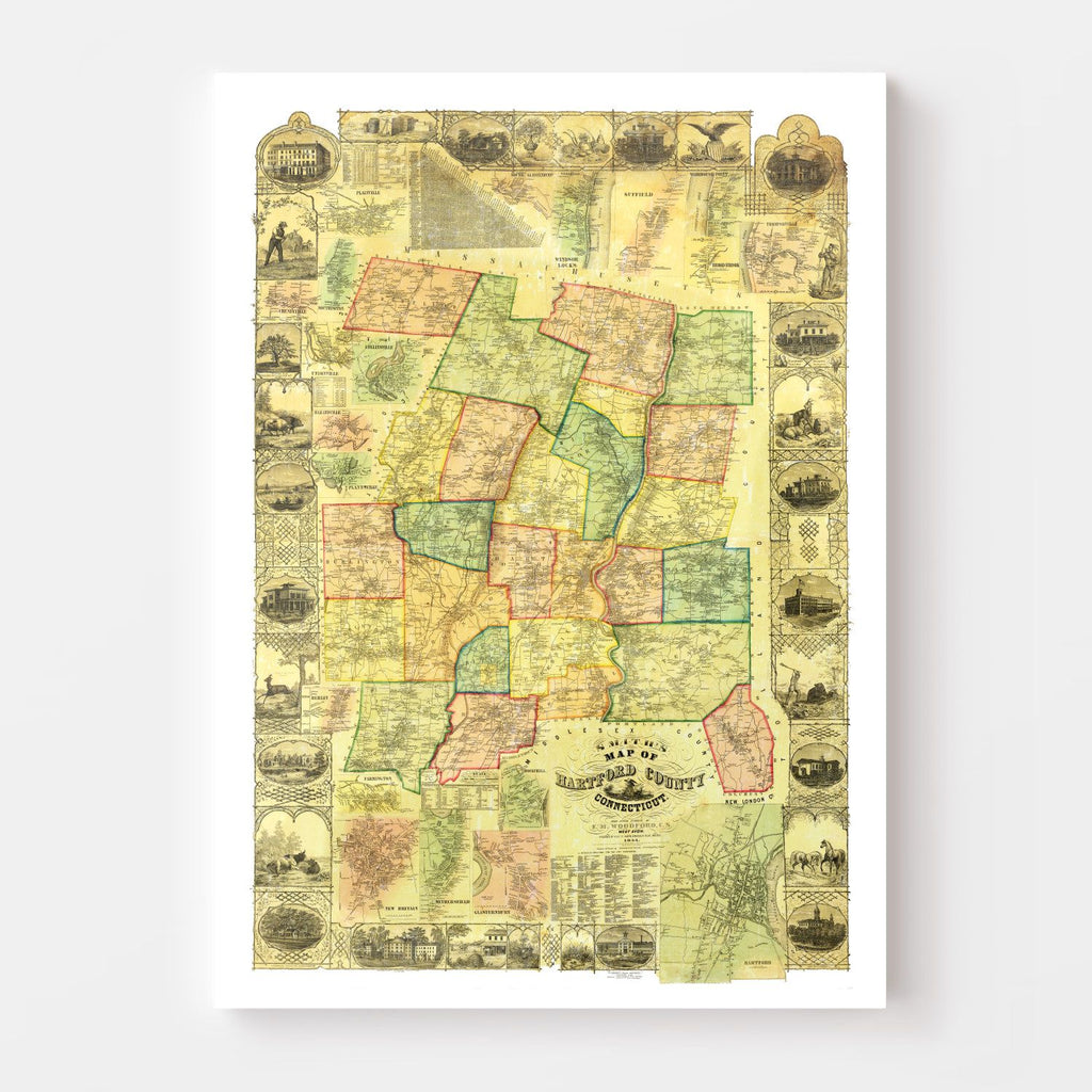 Vintage Map of Hartford County, Connecticut 1855