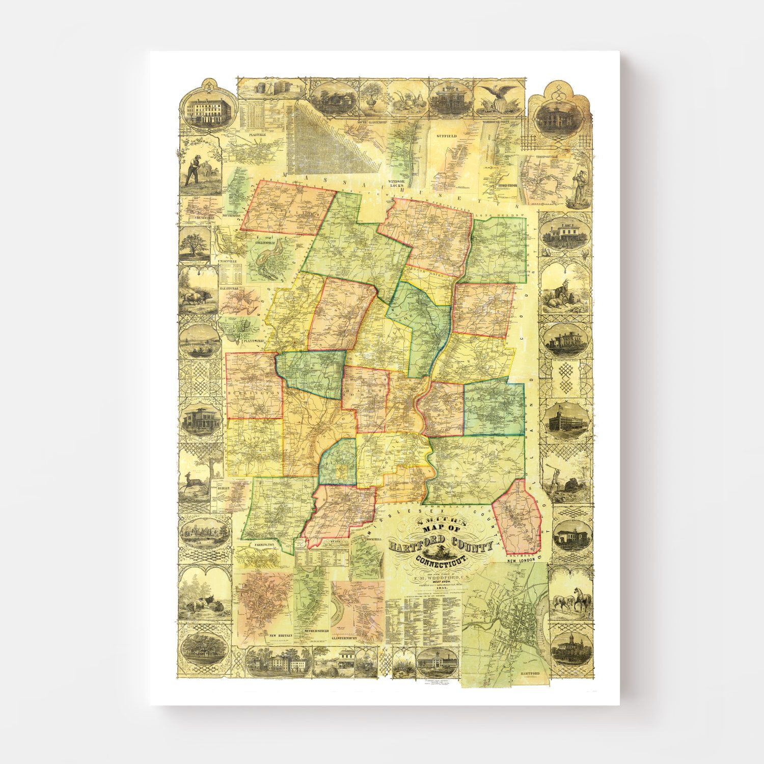 Vintage Map of Hartford County, Connecticut 1855