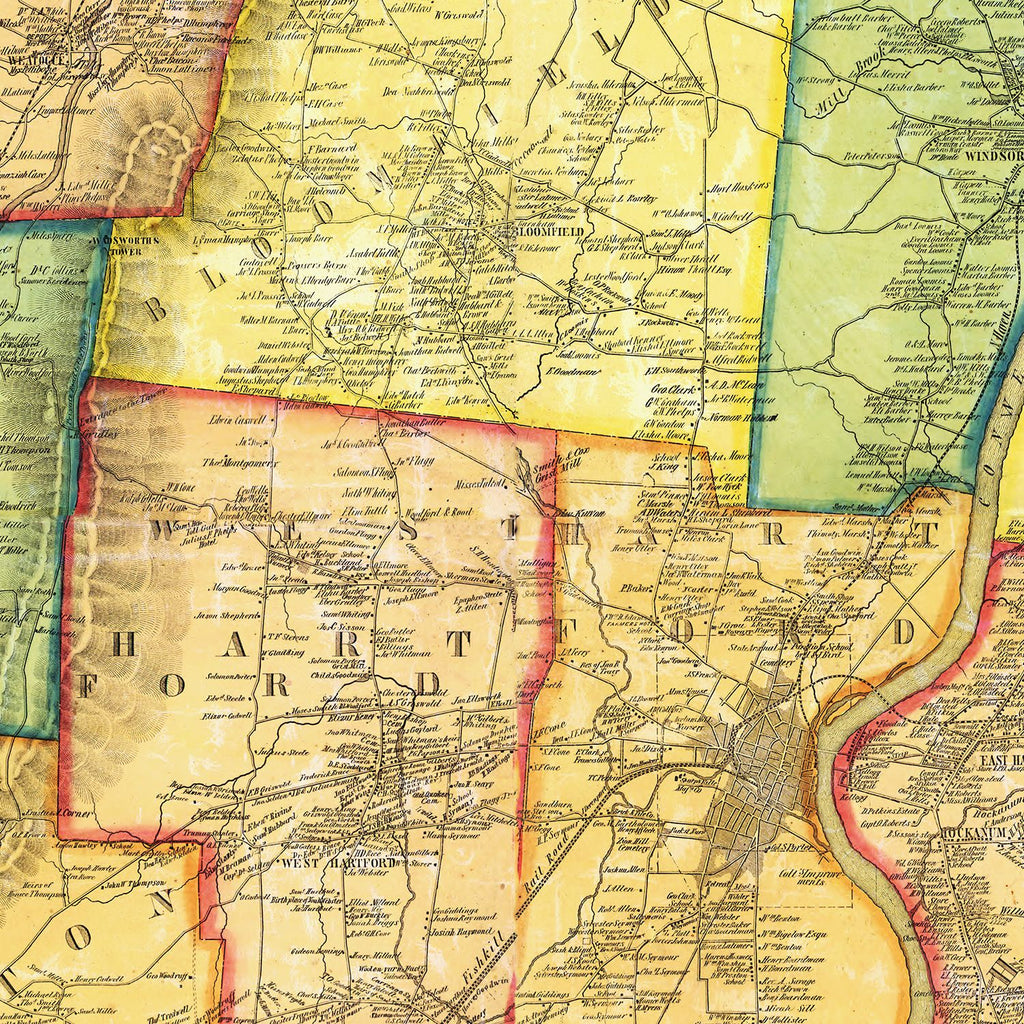 Vintage Map of Hartford County, Connecticut 1855