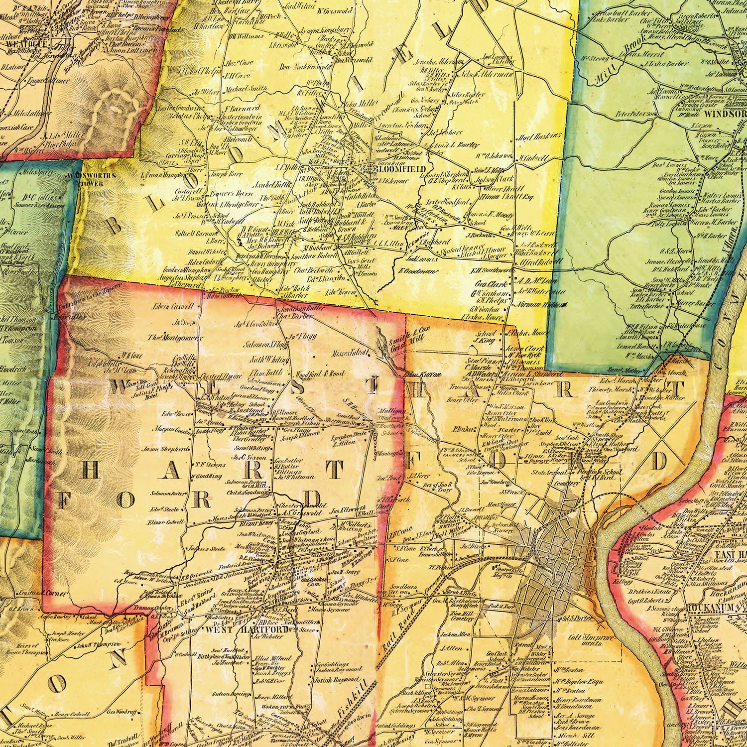Vintage Map of Hartford County, Connecticut 1855