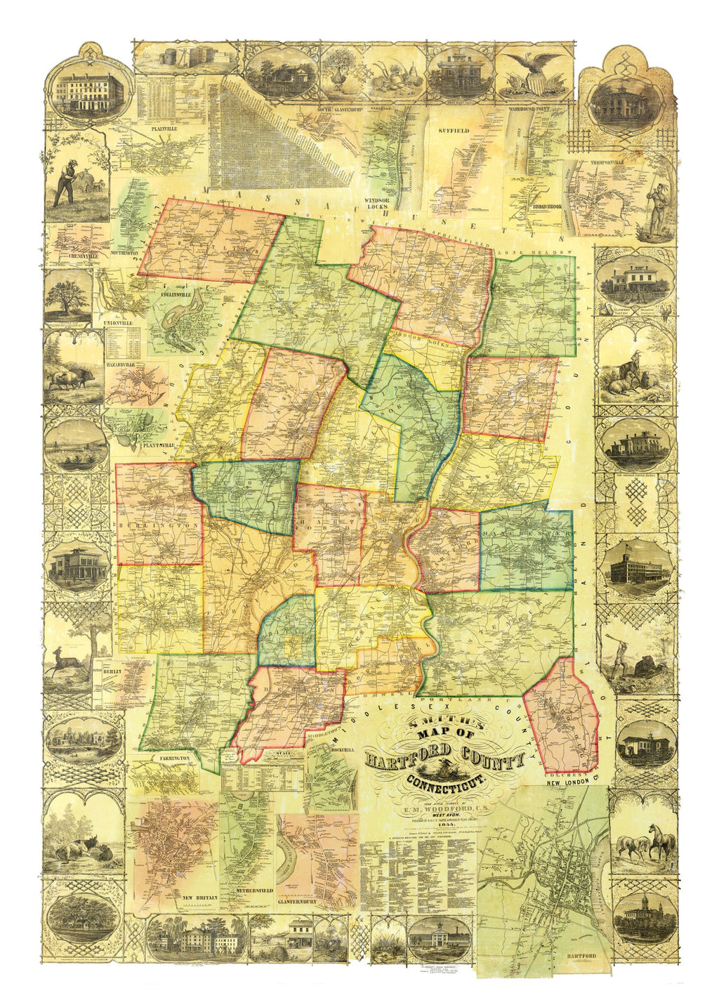 Vintage Map of Hartford County, Connecticut 1855