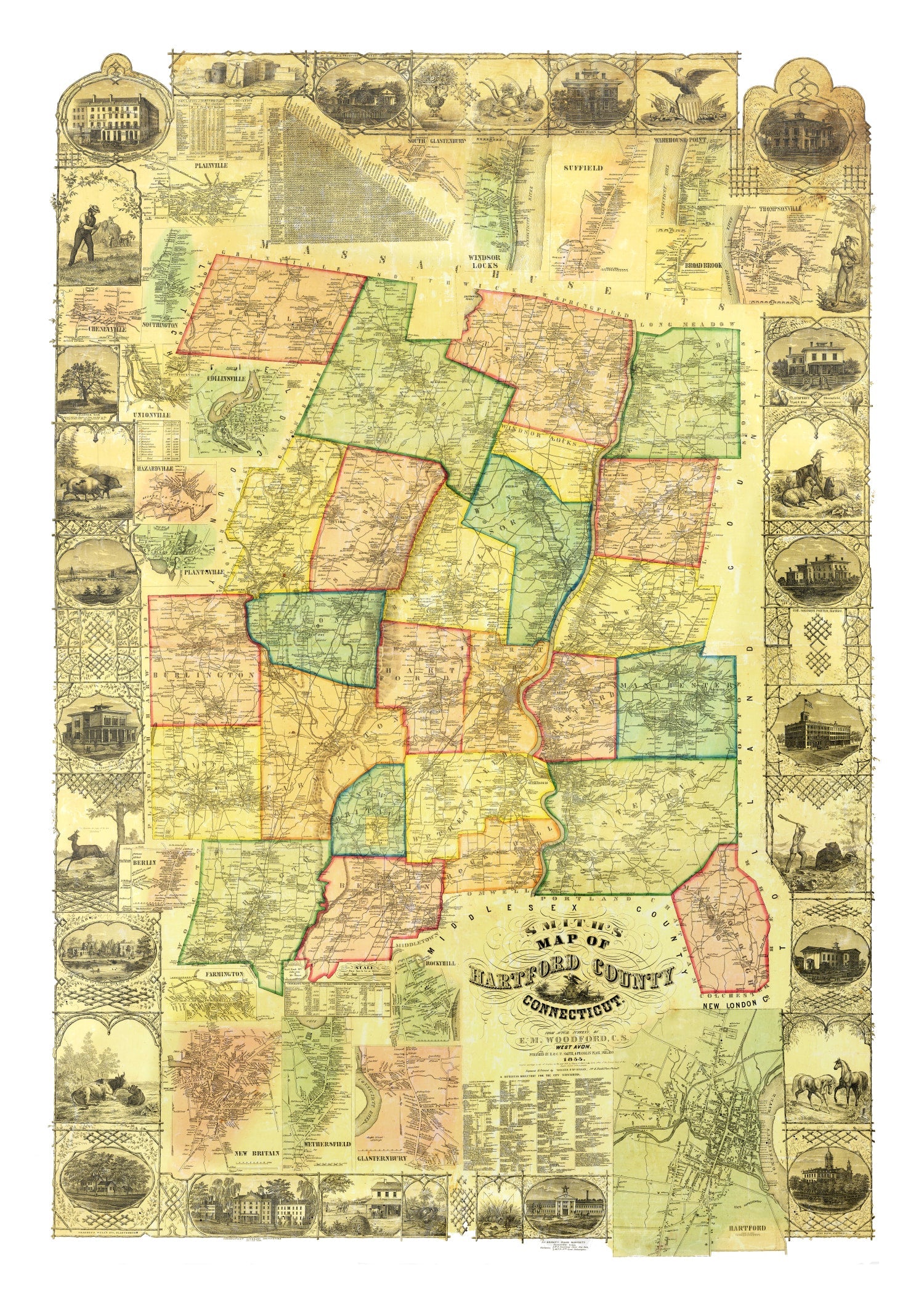 Vintage Map of Hartford County, Connecticut 1855